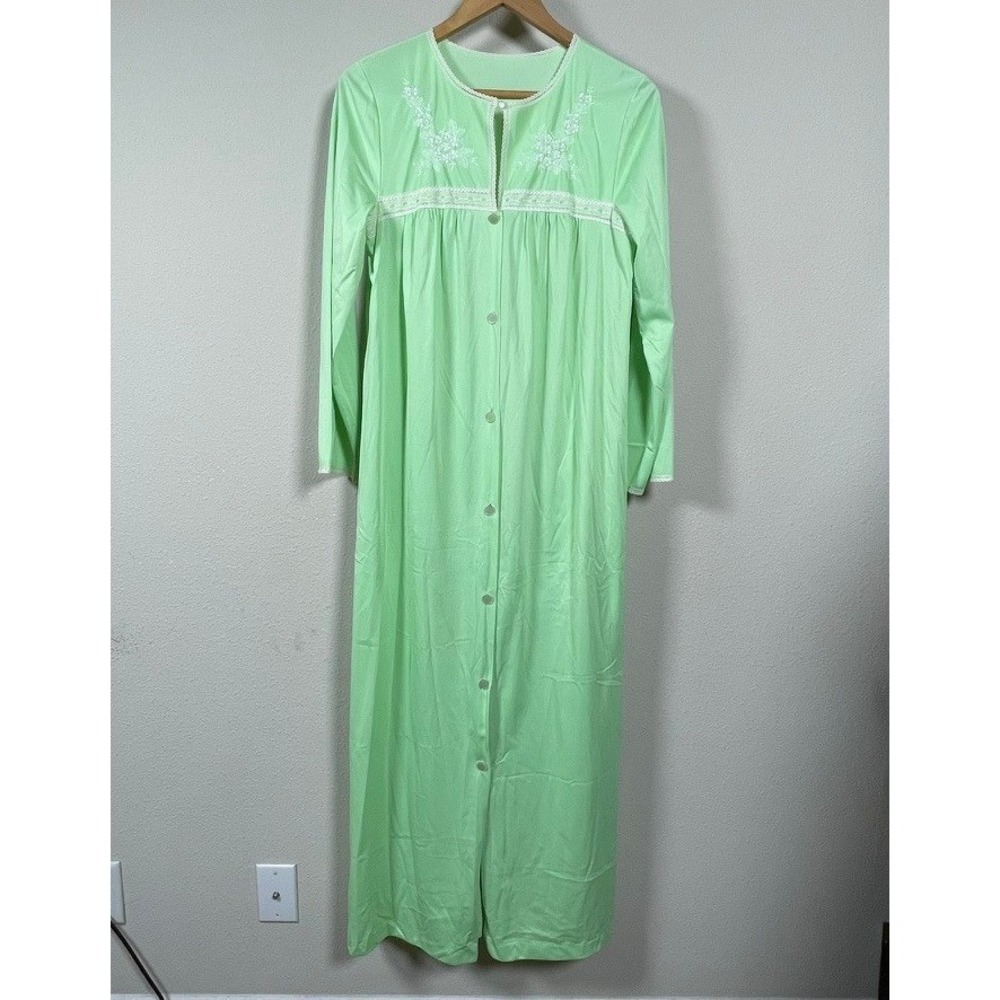 Vintage Nightgown Gossard Artemis Women M Mint Green Floral Lace Long Robe Dress
